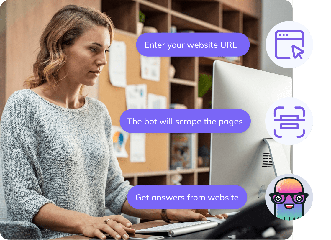 Image showing how the website scrapper works and an American lady looking into it.