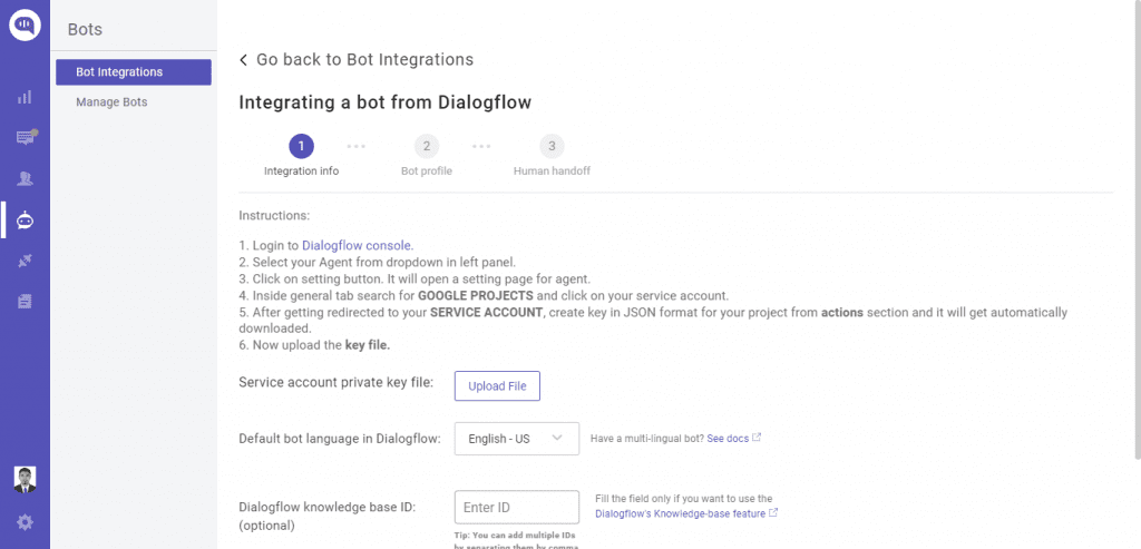 Screenshot of Komunicate showing instructions for integrating a Dialogflow bot, including uploading a key file.