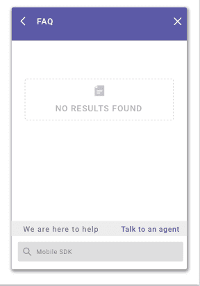 Screenshot of an FAQ search returning no results, prompting users to contact support.