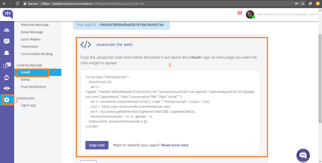 Live Chat Plugin Javascript Code Snippet on Kommunicate Dashboard Install section