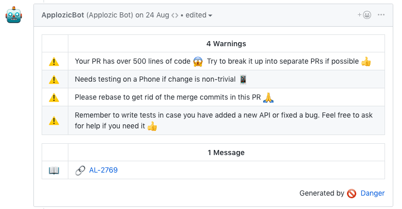 Screenshot of code review feedback generated by Danger, showing warnings about a large pull request, missing tests, and merge commits.