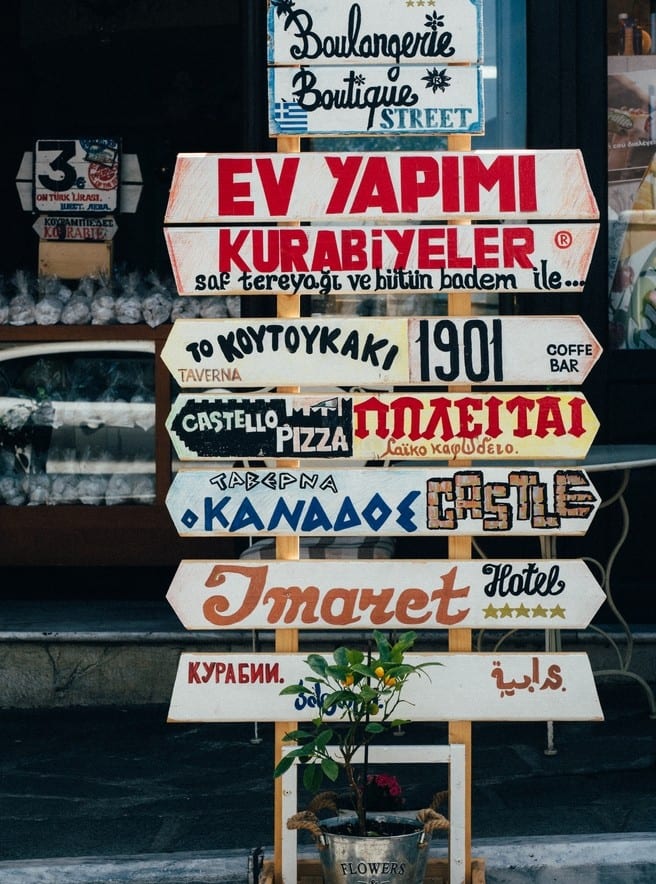 Speaking the User’s Language customer support and UX- A colorful signpost with multiple arrows pointing to different businesses, including a bakery, boutique, and hotel.