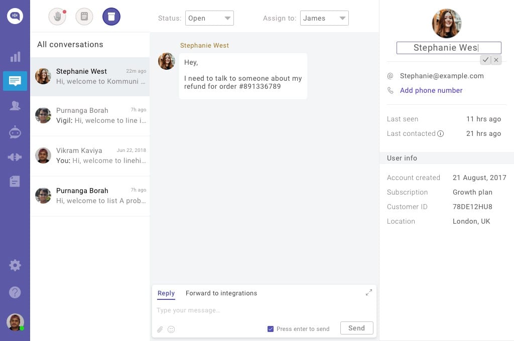 Screenshot of a chat interface showing a conversation with Stephanie West and a panel displaying her user information.
