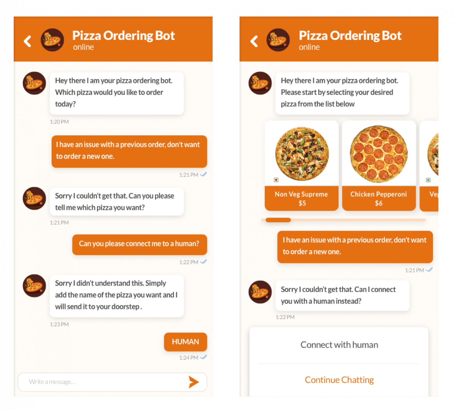 How the User having trouble with Pizza Ordering Bot A screenshot of a chat conversation between a user and a pizza ordering bot. The user is trying to order a pizza, but is having trouble with the bot. The user eventually requests to speak to a human.