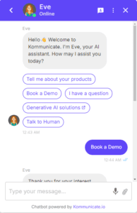Chat interface with a chatbot named Eve, displaying a welcome message and interactive buttons for product information, demos, questions, AI solutions, and human assistance.