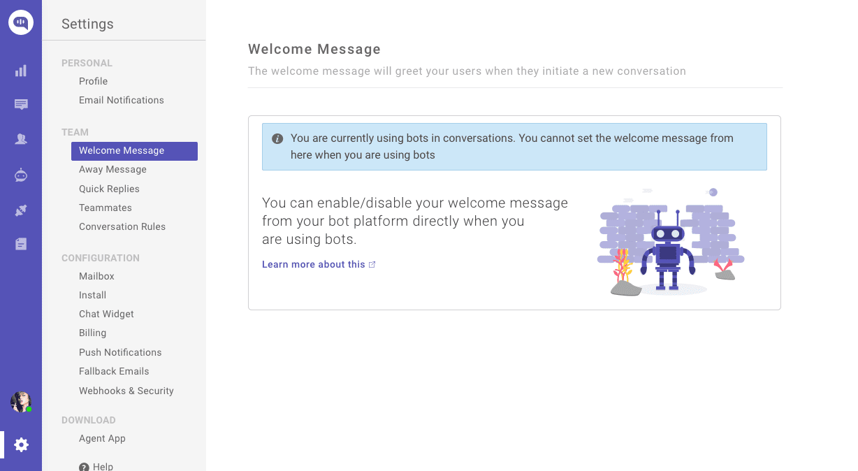Kommunicate bot welcome message settings