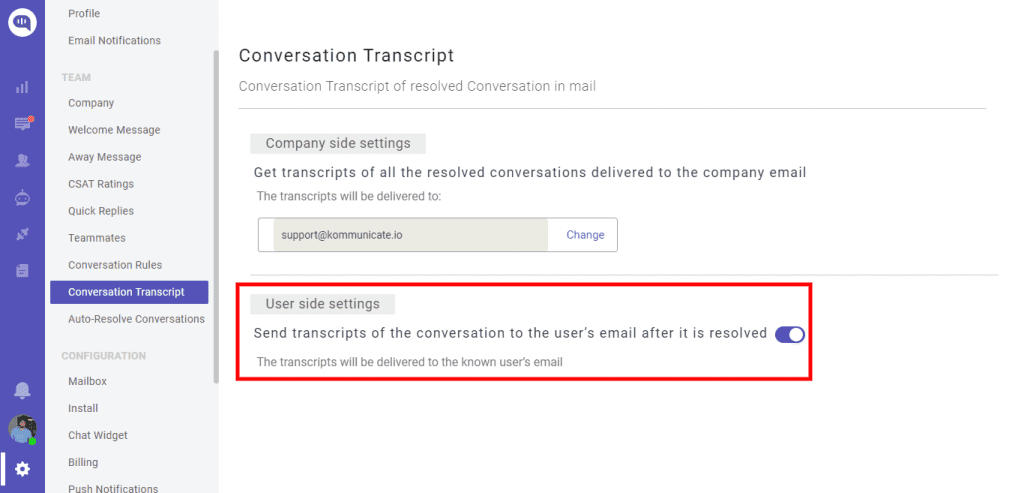 Screenshot showing settings for sending conversation transcripts to users after a conversation is resolved.