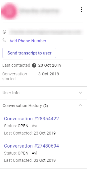 Screenshot of a Kommunicate user's conversation history, showing two open conversations with the same agent