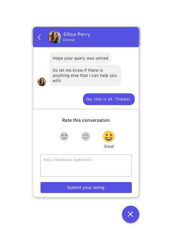 Screenshot of a post-chat survey asking for feedback on a conversation with "Ellisa Perry."