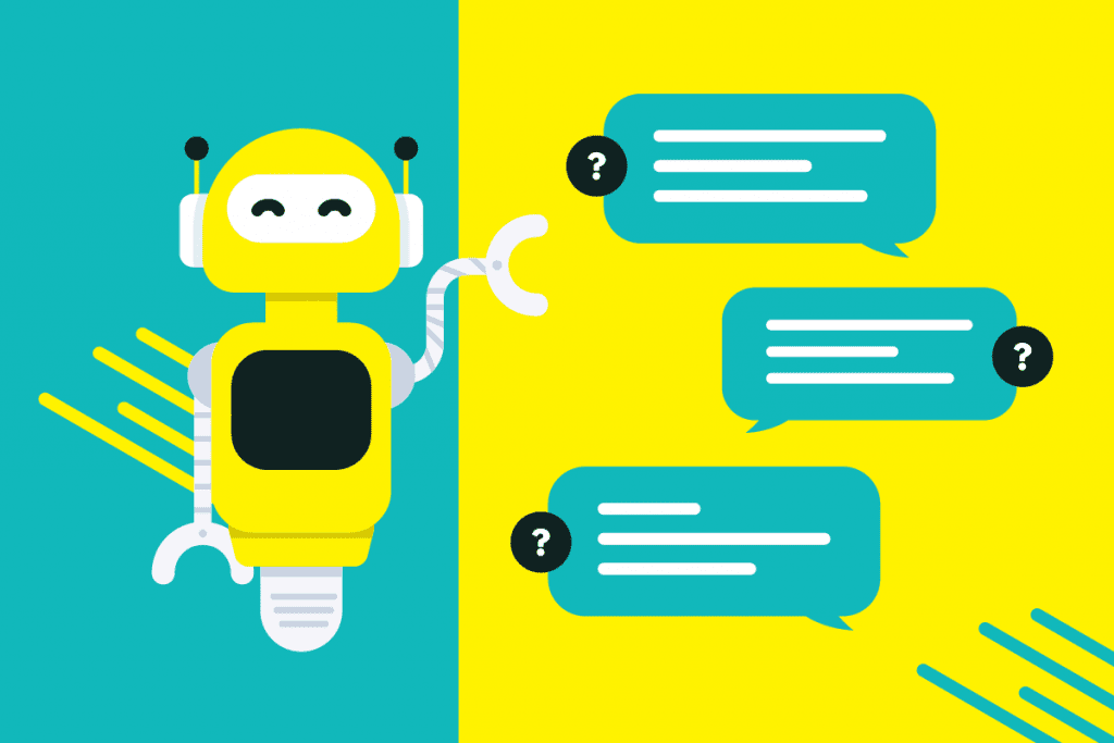 A yellow robot on a teal background with three teal speech bubbles containing question marks on a yellow background.