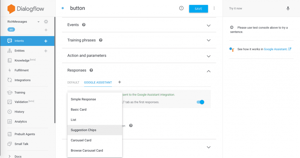 Build your chatbot with Dialogflow A Dialogflow interface showing options for creating a chatbot.