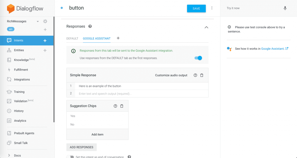 Configure chatbot responses in Dialogflow A Dialogflow interface showing the configuration options for a chatbot response.