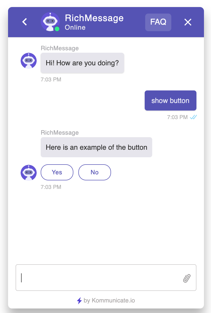 A chatbot interaction with Kommunicate example rich message button Kommunicate
A chatbot conversation with a user, showing a greeting and a button prompt.