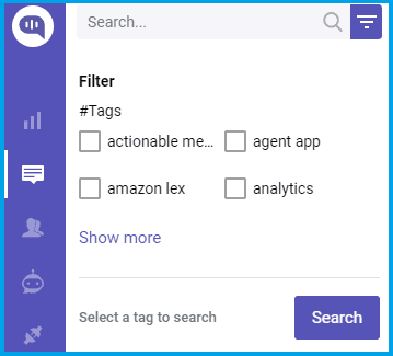 Screenshot of a search and filter interface with options to filter by tags such as "actionable me," "agent app," "amazon lex," and "analytics."