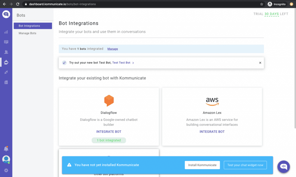 bot integrations- kommunicate