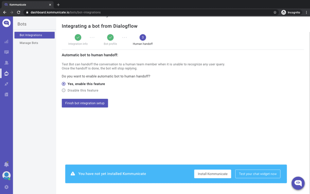 integrating a bot from dialogflow