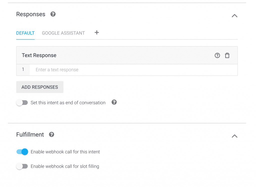 Configure chatbot Responses rich response button enabling fulfillment- Dialogflow interface for creating a chatbot response
