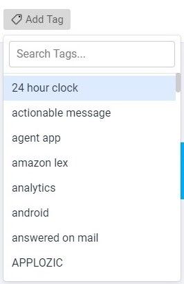 Screenshot of a tag search dropdown in Kommunicate, showing suggested tags including "24 hour clock," "actionable message," and "amazon lex."