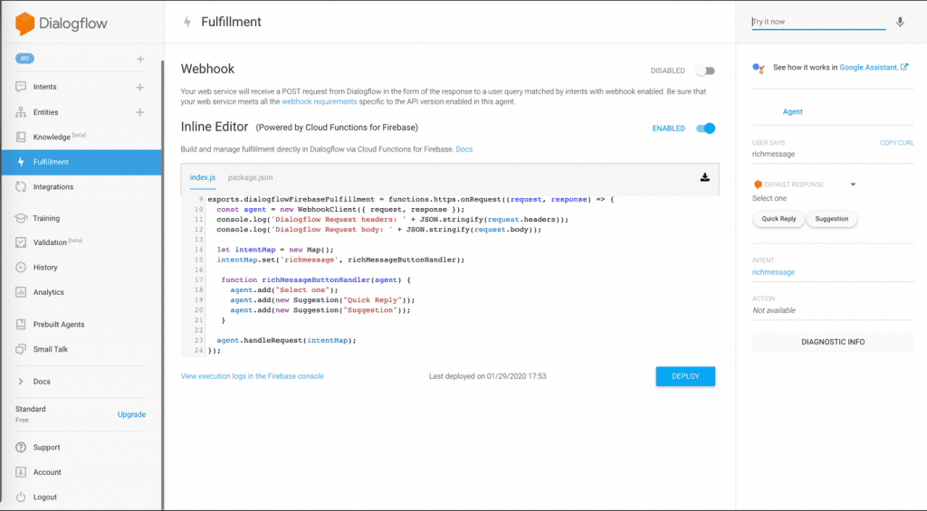 Configure Chatbot Fulfillment rich response button code- Dialogflow interface showing fulfillment configuration