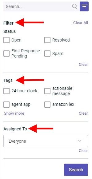 Screenshot of a filter menu with sections for Status, Tags, and Assigned To, each marked with a red arrow.