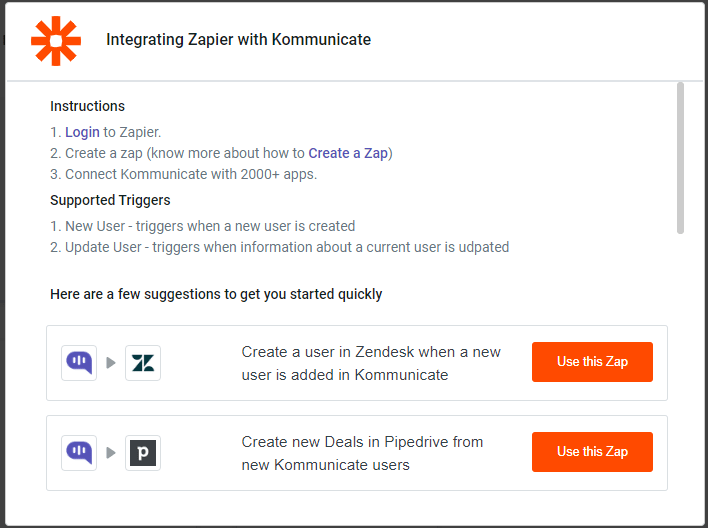 Screenshot of instructions for integrating Zapier with Kommunicate, including steps to log in to Zapier, create a Zap, and connect Kommunicate with other apps, along with examples of pre-built Zaps for creating Zendesk users and Pipedrive deals.
