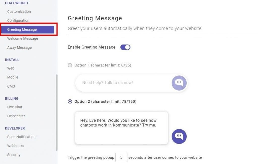 Screenshot of chatbot settings, specifically the "Greeting Message" configuration, showing options for enabling the message, setting the message content (with character limits), and configuring the delay before the greeting popup appears.