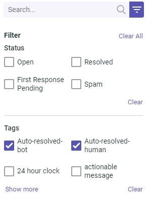 Interface for filtering support tickets by status and tags. The 'Auto-resolved-bot' and 'Auto-resolved-human' tags are selected