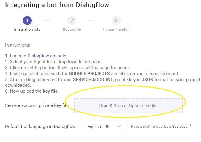 Screenshot of Dialogflow bot integration instructions, highlighting the file upload section for the service account private key.