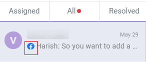 Screenshot of a support ticket showing a Facebook icon indicating the ticket originated from Facebook.