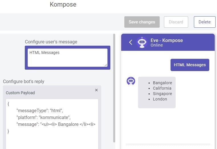 Screenshot of a Kompose chatbot configuration interface showing HTML message setup