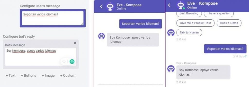Screenshot of a chatbot configuration interface showing a Spanish question and answer about language support.