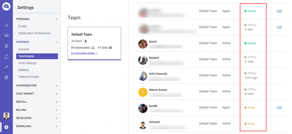 Screenshot of the Kommunicate 'Teammates' settings showing a list of team members and their online status
