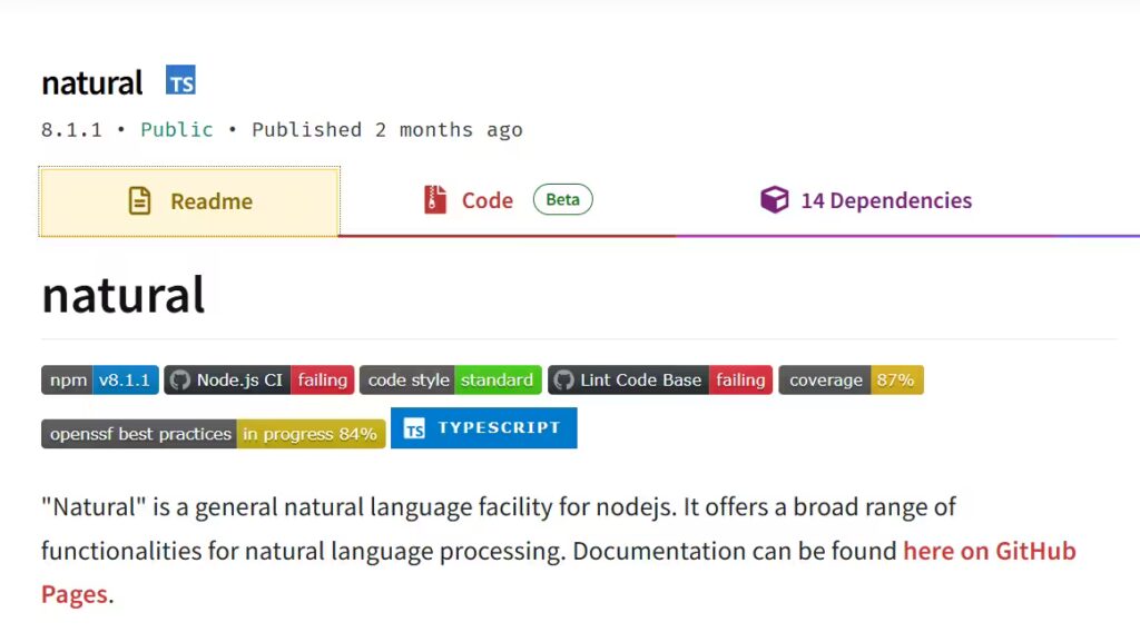 Official npm package page for natural