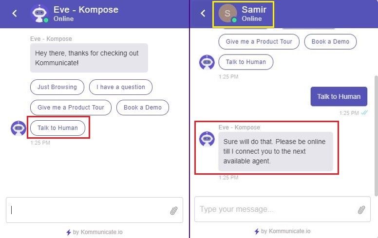 chatbot to human hand off using button