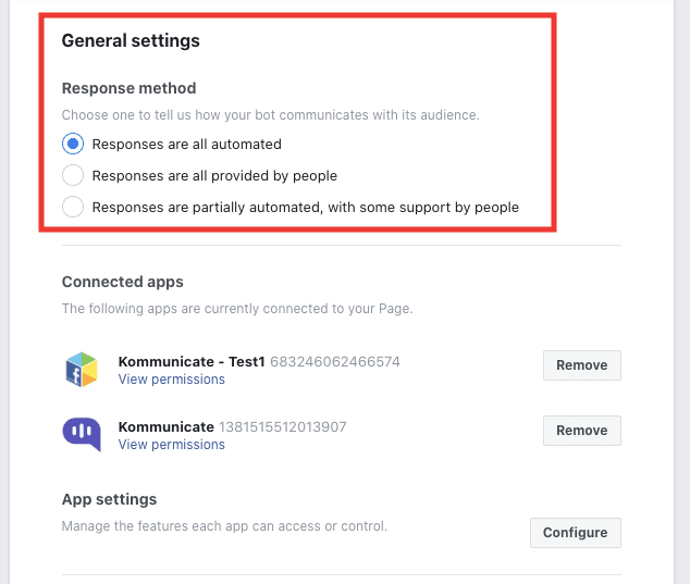 kommunicate's facebook integration - select responses are all automated