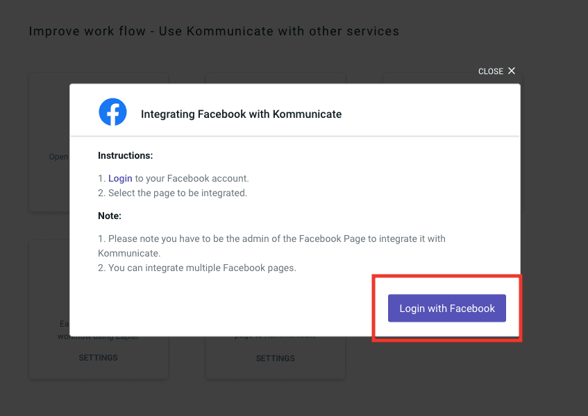 Kommunicate's Facebook integration - login portal