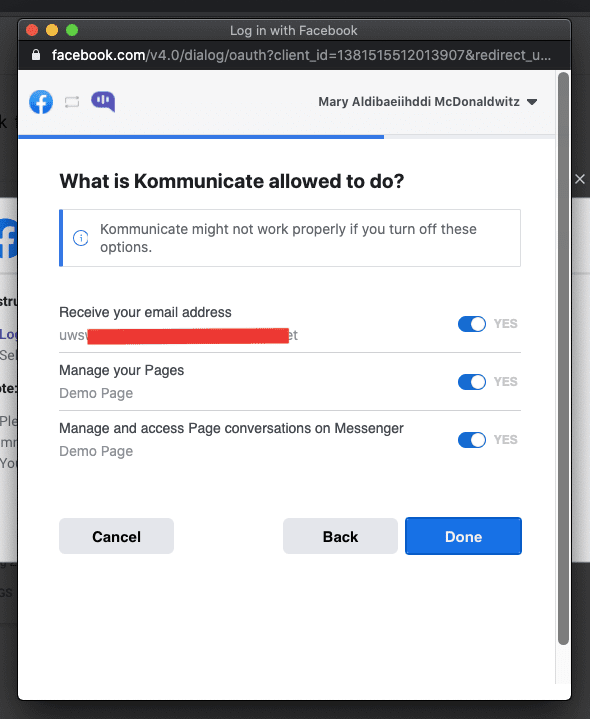 Permissions required for Kommunicate's facebook integration