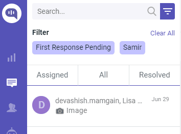 Screenshot of a filtering interface with options for "First Response Pending," filtering by user "Samir," and tabs for "Assigned," "All," and "Resolved."