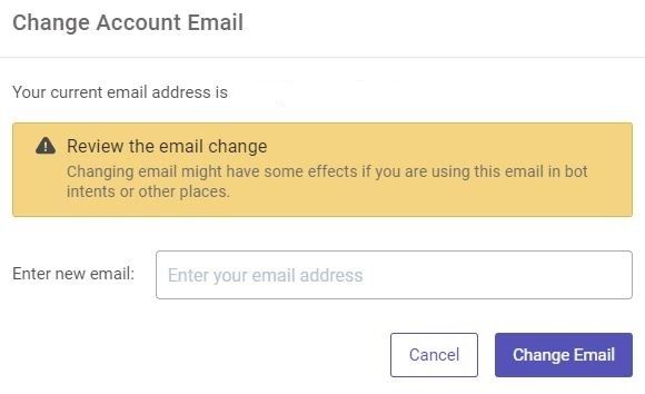 Screenshot of a form to change an account's email address, with fields for the new email and a warning about potential impacts