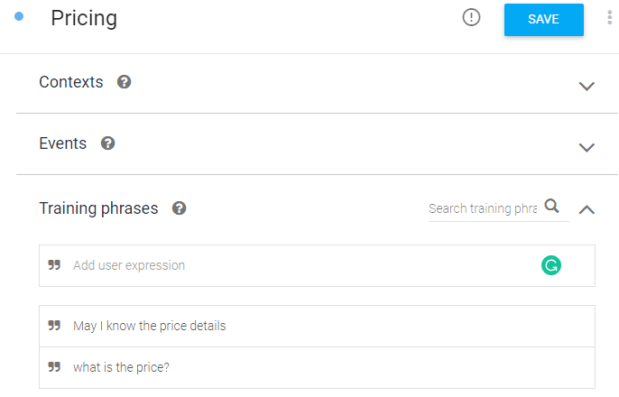 Dialogflow training phrases