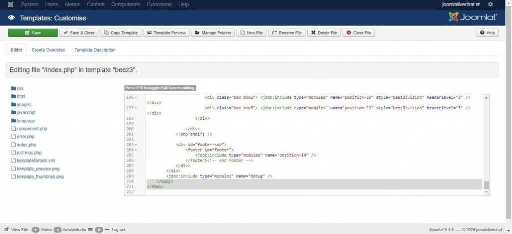 Joomla body tag