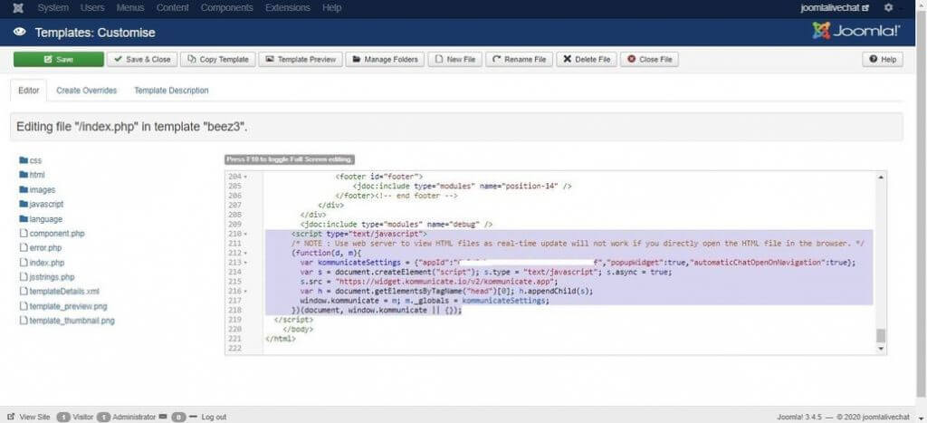 Add live chat code to Joomla