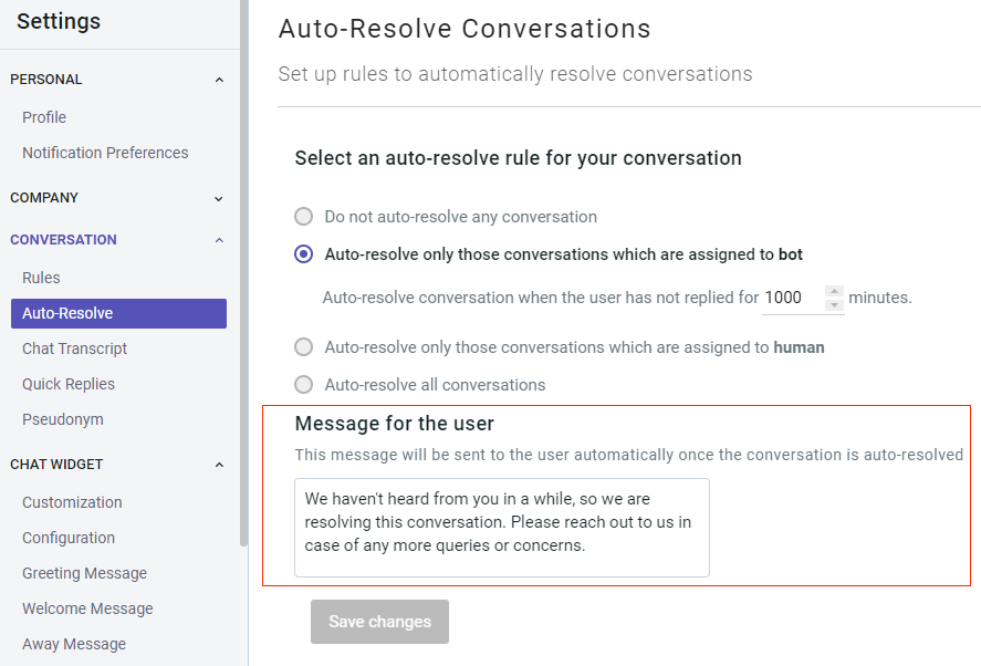 Screenshot of chatbot settings, specifically the "Auto-Resolve Conversations" section, highlighting the message sent to users when a conversation is auto-resolved.