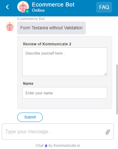 Screenshot of a Kommunicate chat interface showing a form with text area, name field, and submit button.