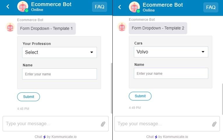 Two screenshots of a Kommunicate chat interface: showing dropdown menu for selecting profession and car.