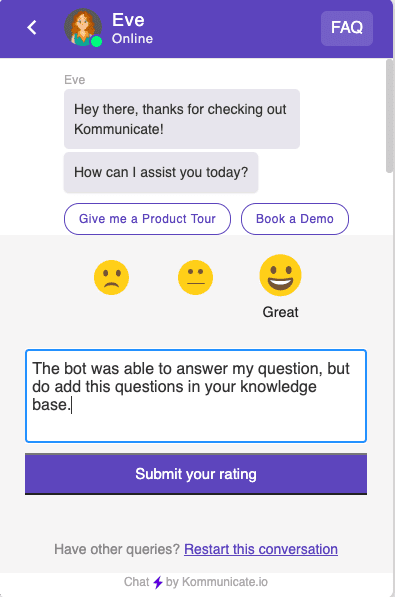 Chatbot Asking Feedback From Customers A chatbot interface with options to give a product tour or book a demo. The user has provided feedback on the bot's response.