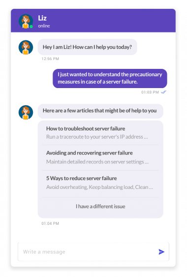 automating customer service using automated responses A chatbot conversation where a user asks about server failure precautions and receives a list of articles.