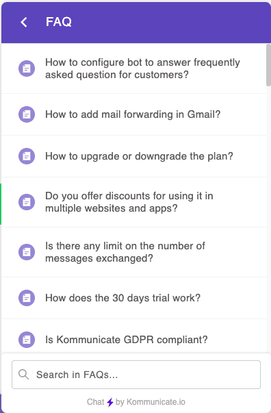 Chat FAQs Help in Automating Customer Service A screenshot of a FAQ page with questions about configuring a chatbot, email forwarding, upgrading plans, discounts, message limits, trial periods, and GDPR compliance.