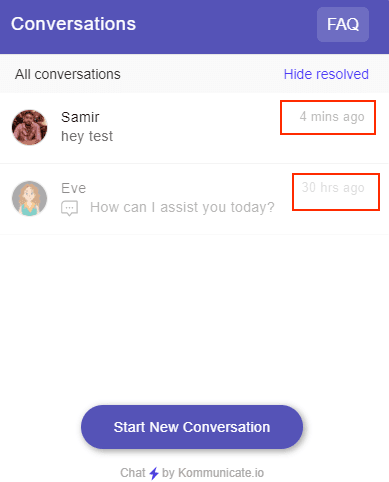 Screenshot of Kommunicate's "Conversations" view, highlighting recent activity times (4 minutes ago and 30 hours ago).