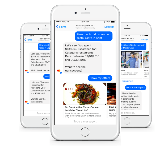 Mastercard Facebook Messenger Bot A mobile phone screen showing a Mastercard chat conversation with a chatbot about spending on restaurants and Uber in September. The chatbot provides a breakdown of spending and offers suggestions for dining.